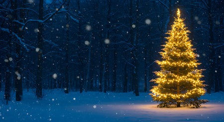 Glowing christmas tree in night sky above snowy forestの素材