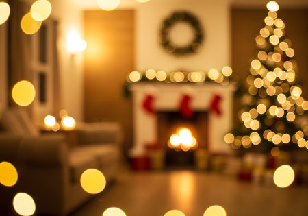 Warm Golden lights bokeh christmas background with christmas tree at night perfect for christmas eventの素材
