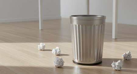Empty trash bin in room with crumpled papers on floorの素材