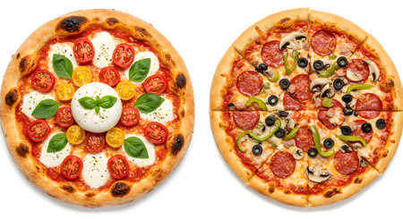 Pizza with mozzarella cheese, tomatoes and olives isolated on white backgroundの素材