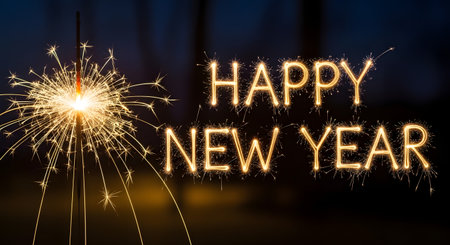 Sparkler lights forming Happy New Year text against dark background symbolizing joy hope and celebrationの素材