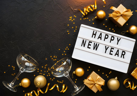 Elegant New Year setting with light box message champagne glasses and golden gifts perfect for celebration backgroundsの素材