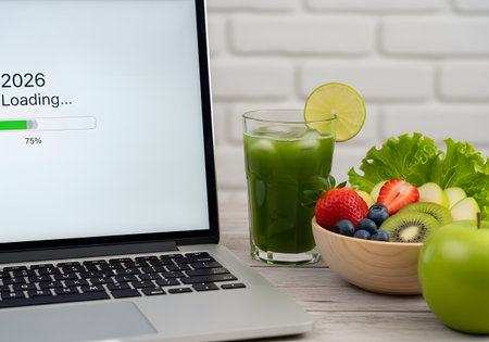 Computer screen showing new year health goals with green juice and salad symbolizing motivation and wellness planningの素材