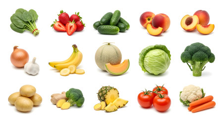 Isolated vegetables and fruits including cabbage banana and tomato symbolizing plant based nutritionの素材