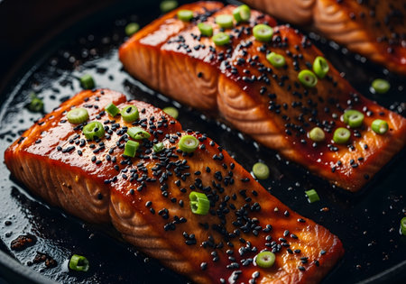 Close up of cooked salmon topped with sesame and green onion representing healthy omega 3 rich dinnerの素材