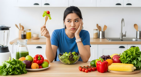 Female in kitchen surrounded by fresh vegetables symbolizing mindful eating and healthy meal choicesの素材