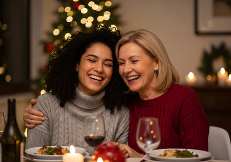 Two women sharing joyful dinner moment during Christmas celebration representing friendship and holiday warmthの素材