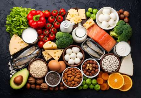 Top view of salmon eggs cheese and vegetables arranged on dark table symbolizing high protein diet and healthy eatingの素材