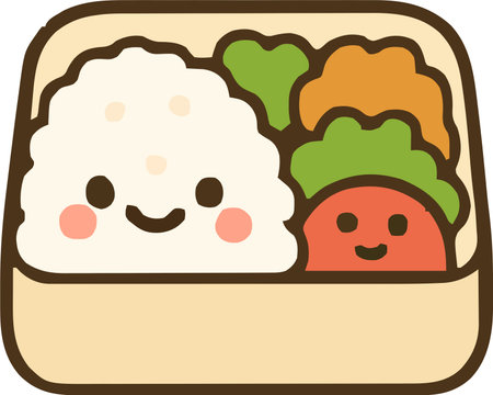 Cute Japanese bento lunch box with rice, vegetables, and side dishes in kawaii styleのイラスト素材