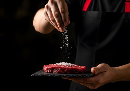 Close up of hands adding seasoning to patty for cooking and grill preparation themesの素材