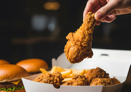 Close up of hand holding crispy fried chicken over meal setting for comfort food and dinner themeの素材