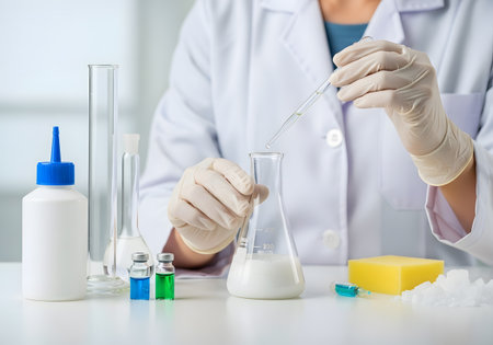 Lab technician handling scientific experiment equipment representing medical and research processの素材