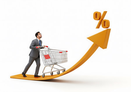 A businessman pushes a shopping cart up a steep rising arrow pointing towards a percent sign. This 3D illustration symbolizes rising costs, inflation, economic growth, interest rates, sales, and challenging market conditionsの素材