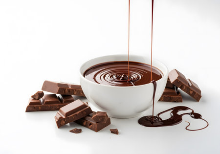 Bowl of smooth melted chocolate surrounded by chunks for dessert topping and sweet treat visualsの素材