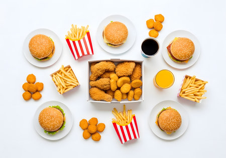 Assorted fried snacks burgers fries and dips arranged on white plate for fast food visualsの素材