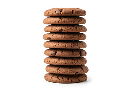Neat stack of brown cookies on white background ideal for snack and dessert visualsの素材