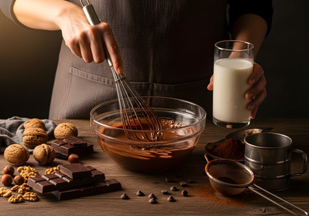 Person whisking melted chocolate in a bowl with ingredients and milk nearbyの素材
