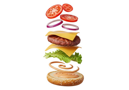 Burger components including tomatoes onion lettuce and patty arranged in floating layer styleの素材