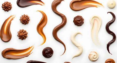 Decorative strokes of chocolate caramel and cream on white backgroundの素材