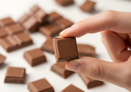 Close-up of hand lifting a single chocolate cube with blurred backgroundの素材