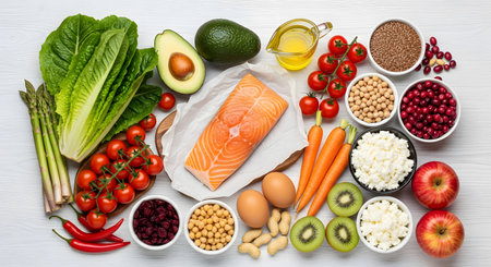 A vibrant overhead flat lay of healthy whole foods, including raw salmon, avocado, eggs, fruits, and vegetables like tomatoes and carrots. This diverse collection represents a balanced diet, clean eating, and nutritious meal preparation.の写真素材