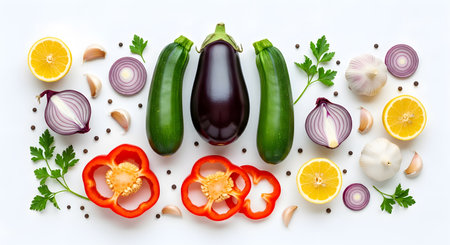 An overhead flat lay of fresh vegetables, including eggplant, zucchini, red bell pepper, red onion, garlic, and lemon slices. This vibrant, symmetrical arrangement is perfect for mediterranean cuisine, healthy cooking, and raw food concepts.の写真素材