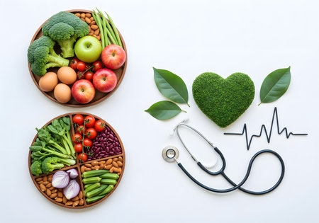 A symbolic image featuring two balanced food plates of fruits, vegetables, eggs, and beans next to a stethoscope and a green heart made of leaves with an EKG line. This concept illustrates cardiology, nutrition, and holistic health.の写真素材