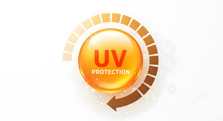 Radiant golden UV protection emblem for skincare and sunscreen conceptsの素材