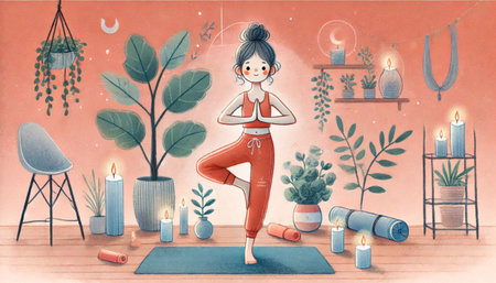 Illustration of a girl practicing yoga in a room with a lot of plantsの素材
