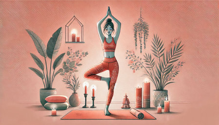 Vector illustration of a woman practicing yoga in a room with flowers.の素材