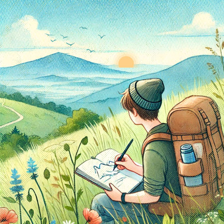 Traveler in the mountains. Watercolor painting. Hand drawn illustration.の素材
