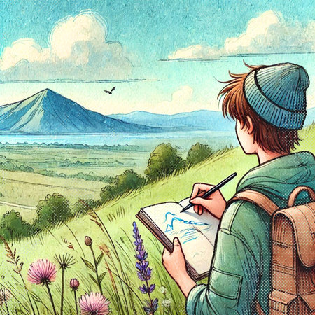A young man with a backpack and a map on the background of mountains.の素材