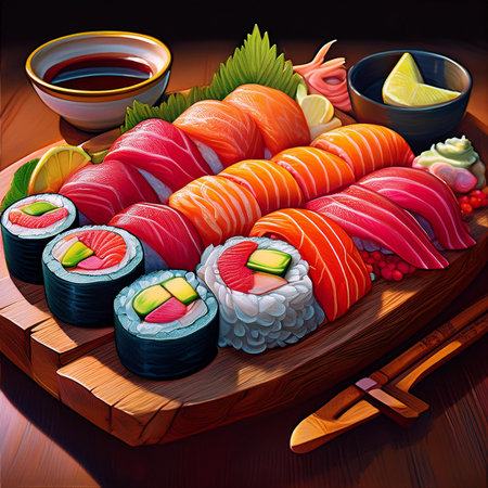Sushi set on a wooden plate with chopsticks and soy sauceの素材