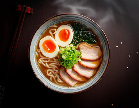 Japanese ramen noodle soup with pork and egg on black backgroundの素材