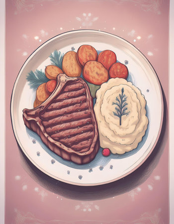 Steak with potatoes and carrots on a plate. Vector illustration.の素材