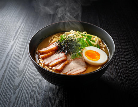 Japanese ramen noodle soup with pork in bowl on wooden tableの素材