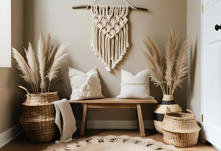 Interior of modern living room with wooden bench, rattan baskets and decorative pampas grassの素材