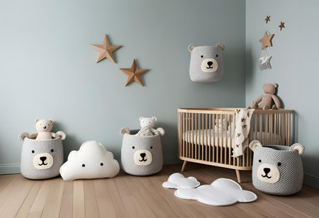 Baby room interior with crib, teddy bears and stars. 3d renderの素材