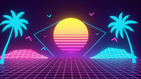 Geometric neon shapes and gradient sunset create a futuristic retro feel, ideal for album art, party promos, or tech events.の素材