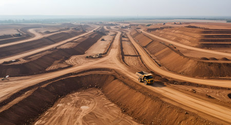 Excavators clearing defined geometric paths on reddish-brown soil in a structured and large-scale mining environment.の素材