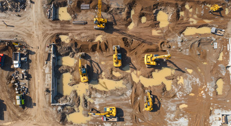 Overhead image showing yellow excavators working in a symmetrical, grid-like layout on a cleared construction or mining area.の素材