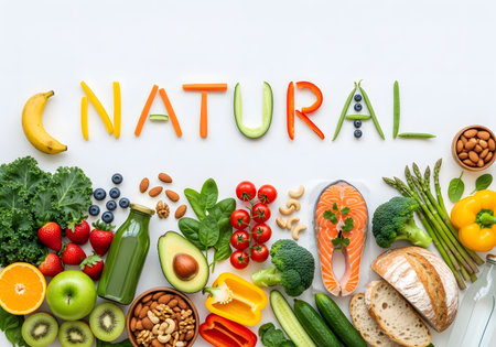 The word NATURAL is creatively spelled out using pieces of fruits and vegetables.の素材