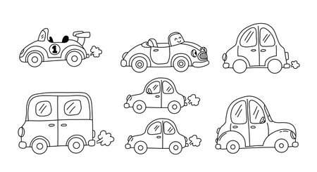 Hand-drawn car illustration set with multiple cute mini vehicles in a simple, clean, black-and-white doodle styleの写真素材