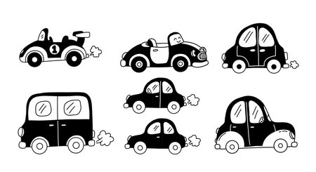 Fun cartoon car doodle set with quirky mini vehicles and expressive hand-drawn details ideal for childrenâs illustrations and creative projectの写真素材