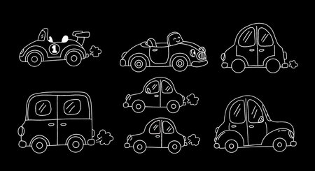 Cute hand-drawn car clipart set featuring a variety of small retro-style vehicles in a simple doodle style perfect for kidsâ designs, travel themes, and sticker setsの写真素材