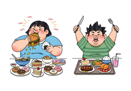 Child happily eating junk food with exaggerated appetiteの素材