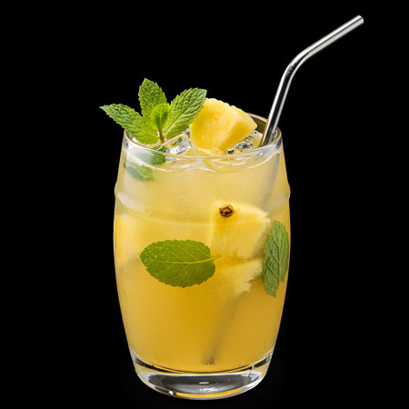 Bright yellow lemon mint drink with ice cubes and straw, perfect for cooling summer beverage designs.の素材