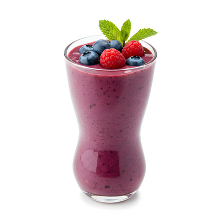 Purple berry smoothie garnished with blueberries and mint leaves, great for nutrition and healthy lifestyle content.の素材