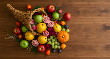 Thanksgiving cornucopia arrangement with fruits and vegetables on rustic woodの素材