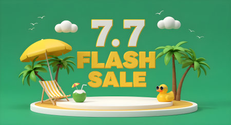 Stylized 3D beach deck featuring an umbrella, rubber duck, coconut drink, and sale promotion. Ideal for flash sale announcements and landing pages.の素材